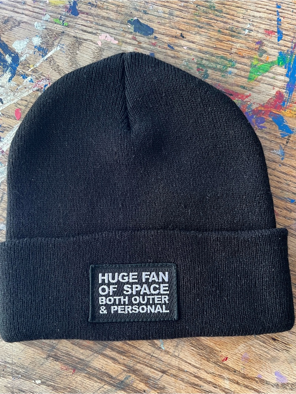 Black Beanie Hat 'Huge Fan of Space' Patch